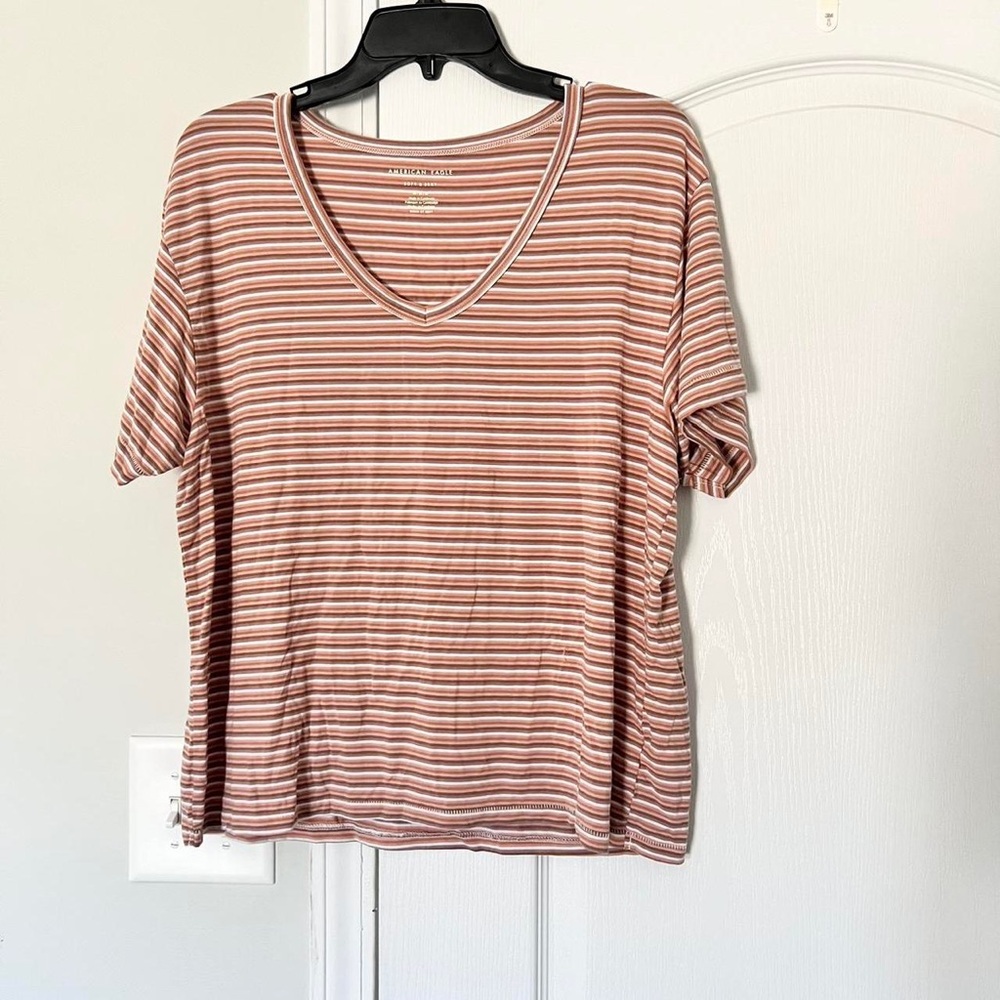 American Eagle Outfitters Brown Striped V-Neck Tee